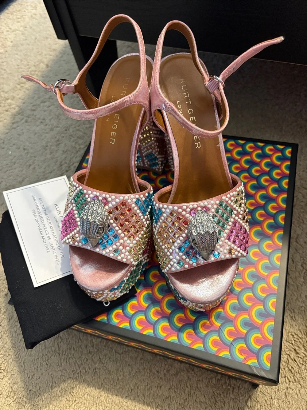 Kurt Geiger Pink Multicolor Crystal Embellished Platform Sandals